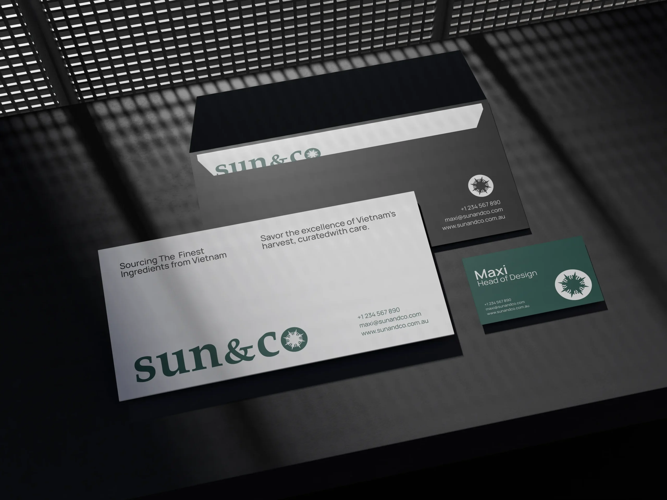 XNOR Group case study – Sun&Co brand identity and development business cards and envelops