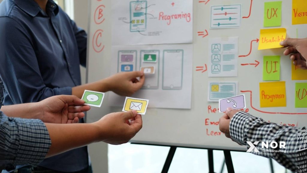 Team collaborating with sticky notes and flowcharts to build a software development plan, visual by XNOR Group