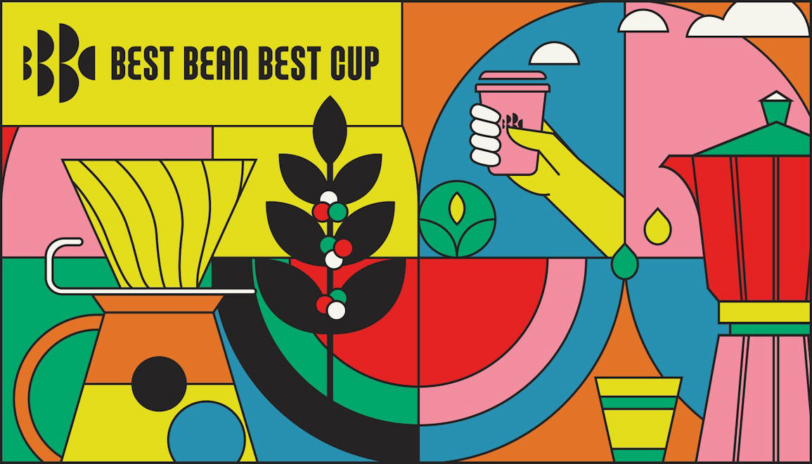Colorful cover artwork showcasing abstract coffee brewing icons, designed for a Vietnamese coffee e-commerce website by XNOR Group