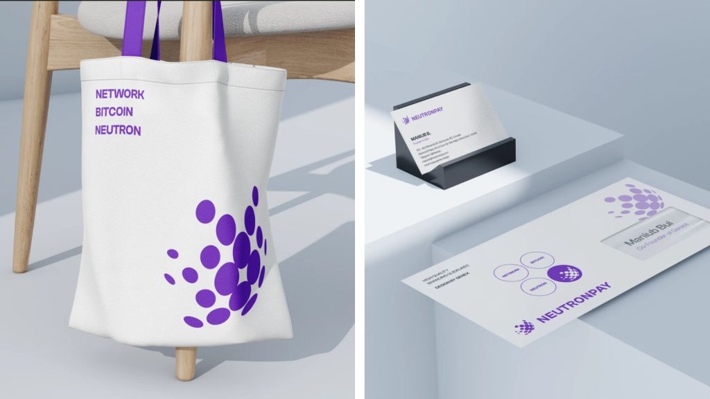 Neutronpay branded tote bag and business card designed by XNOR Group.