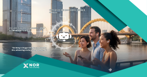 Three tourists wearing wireless earbuds enjoy Da Nang’s Dragon Bridge at sunset, symbolizing AI voice technology enhancing travel experiences.