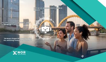 Three tourists wearing wireless earbuds enjoy Da Nang’s Dragon Bridge at sunset, symbolizing AI voice technology enhancing travel experiences.