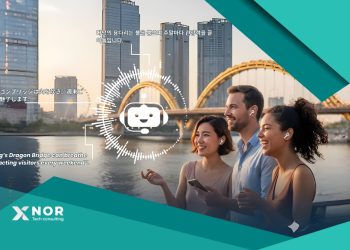 Three tourists wearing wireless earbuds enjoy Da Nang’s Dragon Bridge at sunset, symbolizing AI voice technology enhancing travel experiences.