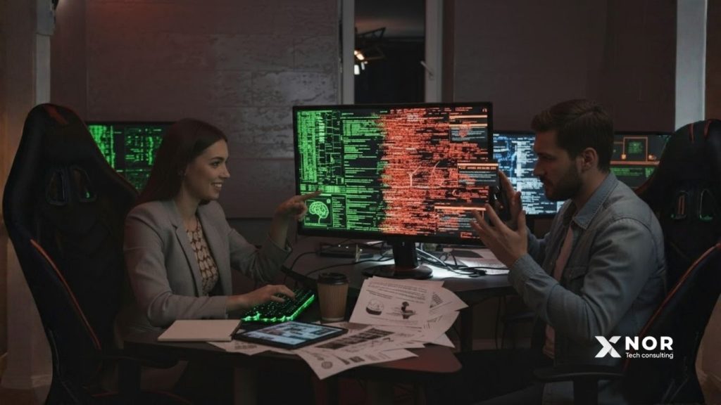 Two tech analysts review split-screen code showing accurate vs. misleading data—symbolizing chatbot hallucination.