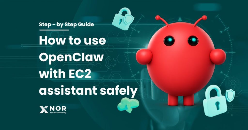 OpenClaw 3D mascot illustrating a step-by-step guide to safely using an EC2 assistant for AI deployment by XNOR Group.