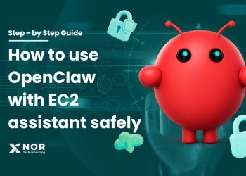 OpenClaw 3D mascot illustrating a step-by-step guide to safely using an EC2 assistant for AI deployment by XNOR Group.